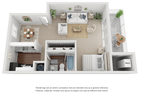 Floor plan for studio, 1 bath, 619 sqft